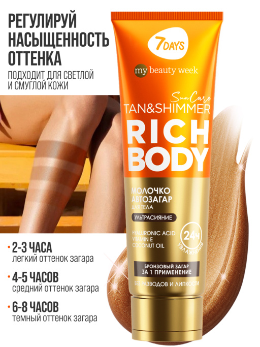 Автозагар для тела, крем увлажняющий для загара с шиммером SUN CARE RICH BODY